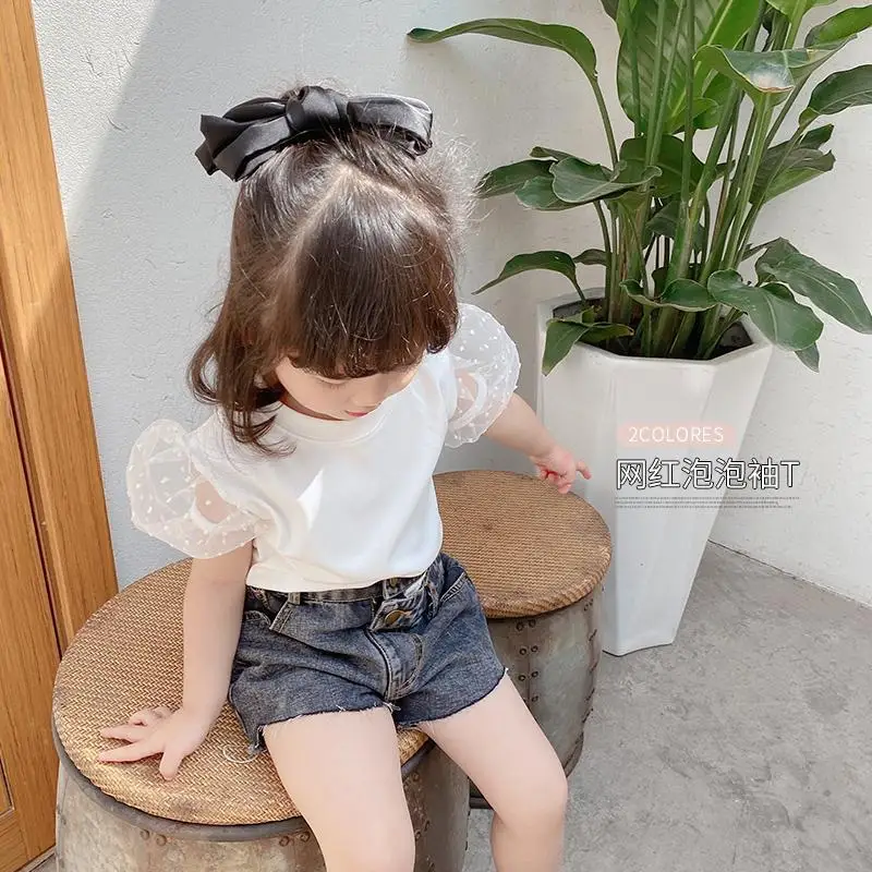 2024 Summer Girls Fashion Puffy Sleeve T-shirts Baby Kids Children Short Sleeve Tee Two Colors