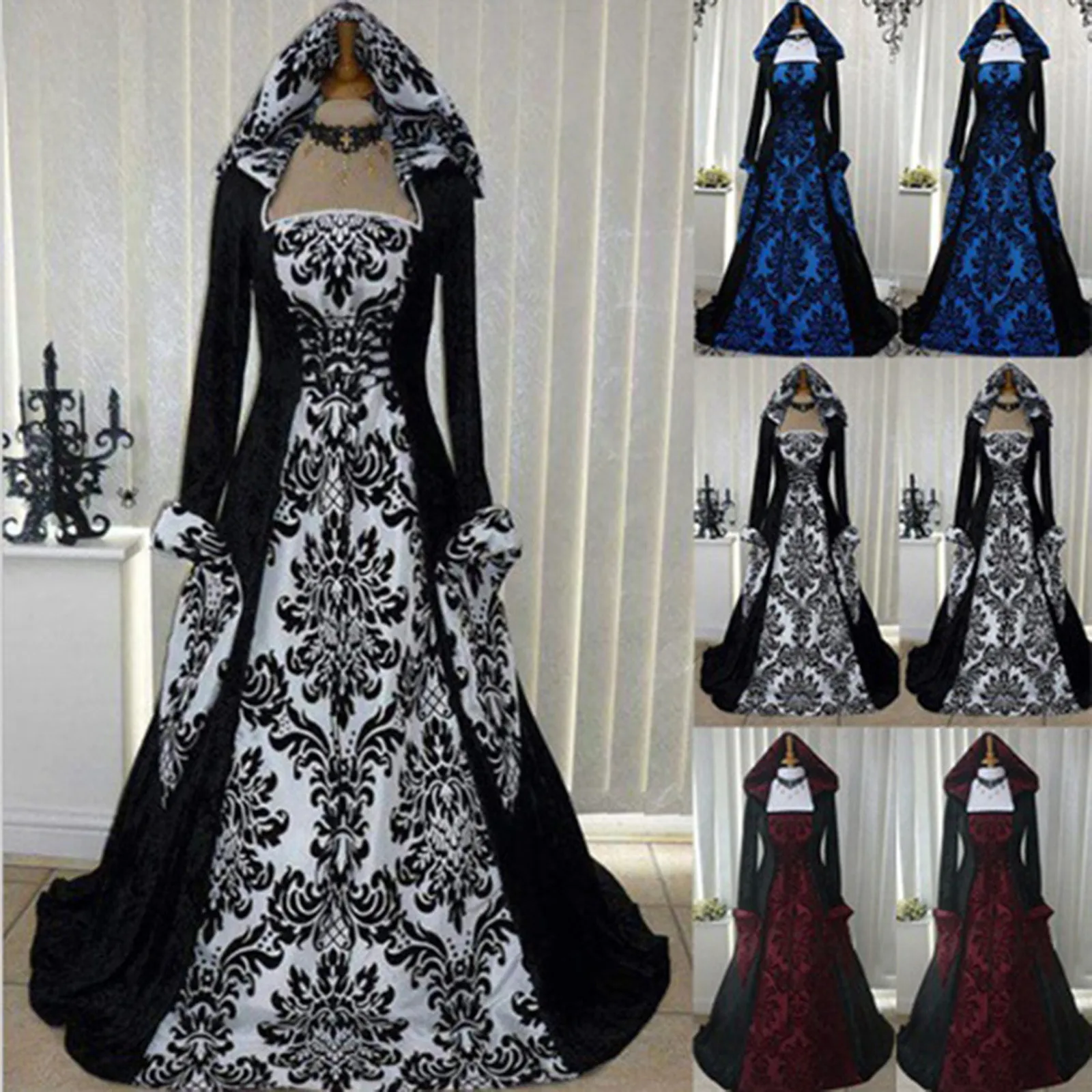 dresses for women retro literary long dress slim waist printed hooded floor-length skirt masquerade Halloween cosplay clothing