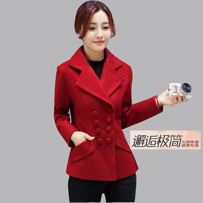 Fashion Woman Jacket Blended Woolen Coat Autumn Winter Short Woolen Coat Korean Style Thick Slim Red Outerwear Female Tops