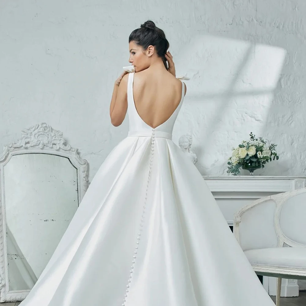 Boho Wedding Dresses ball gown Sleeveless V-neck Vestido De Noiva Elegant Bridal Gown Open Backless bow custom size