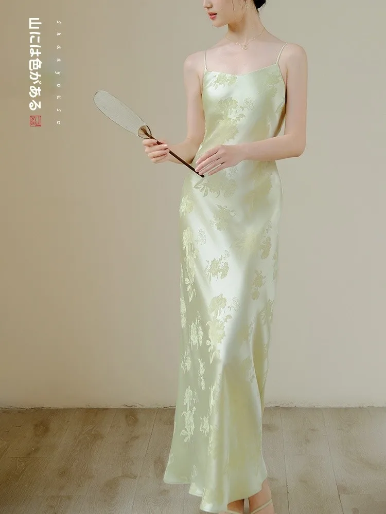

Новое китайское платье Yuezhi в национальном стиле с цветочным узором, длинное, светло-зеленого цвета.