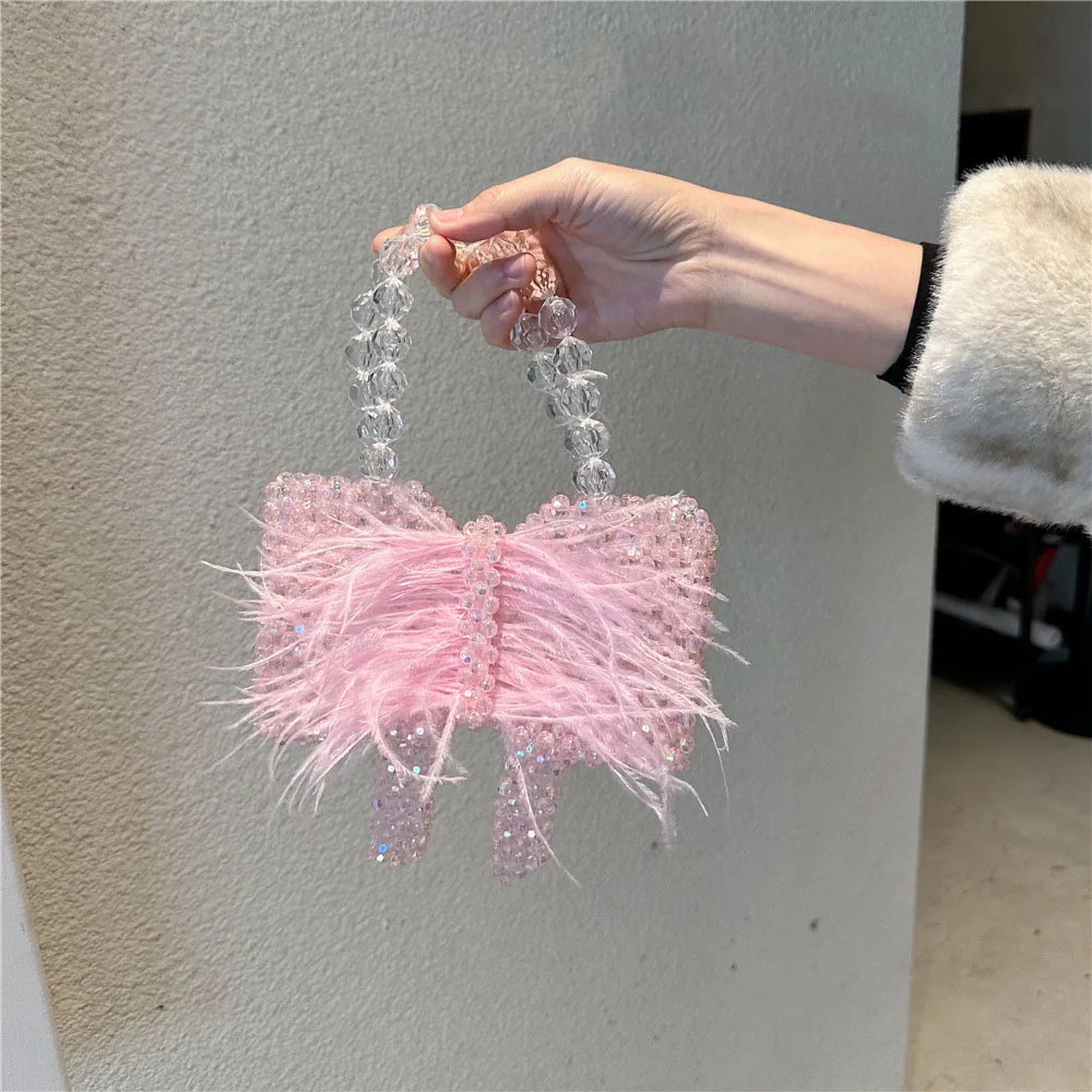 

Женская сумка с тканым бантом и кристаллами, модный роскошный дизайн, вечерняя сумка с перьями и бисером, элегантный французский стиль для отпуска, клатчи