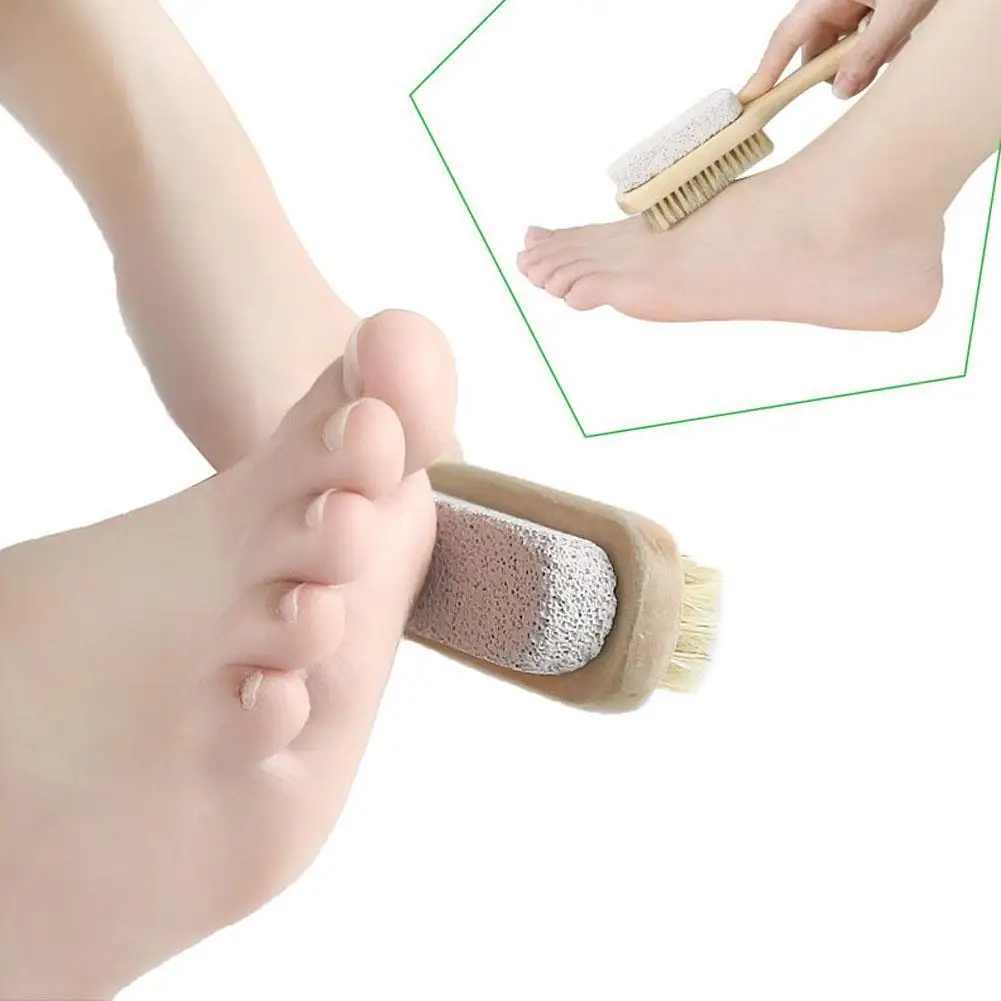 1pc Wood Handle Pumice Stone Foot Brush Scrubber Feet Tool Exfoliating Pedicure Skin Dead Bristle Remover Massage Natural B L4X0