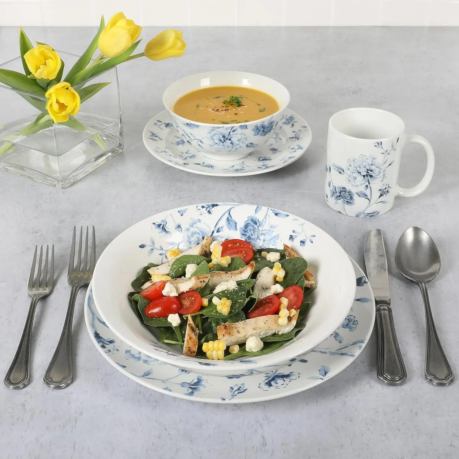 Decorated Porcelain Dinnerware Plates and Bowls Set - Blue Floral, Service for 6 (30pcs)