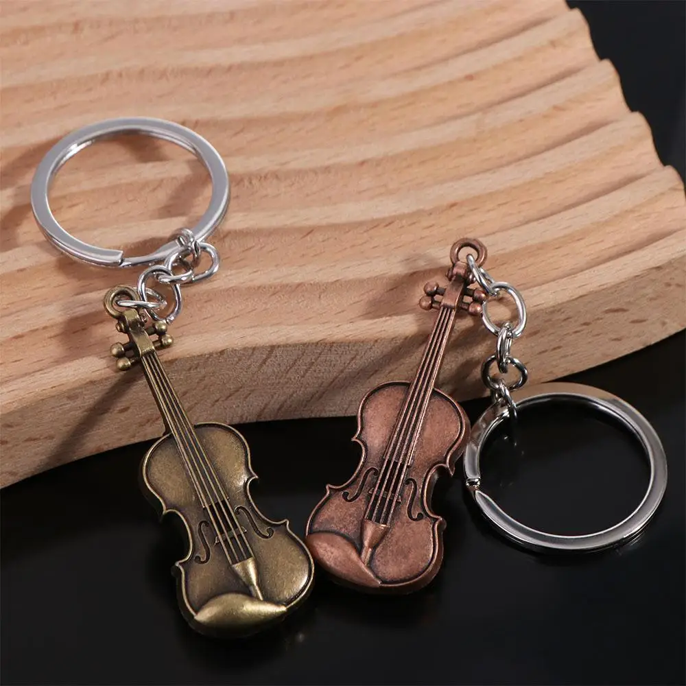 Copper Bronze Violin Key Chain Classical Cello Vintage Violin Keyring Mini Bag Charm Musical Instrument Pendant Musician Jewelry