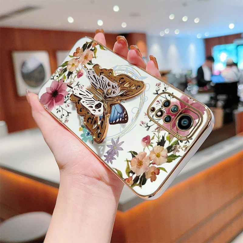 N ote 11 Flower Butterfly Plating Holder Phone Case For Xiaomi Redmi Note 11S 11Pro 11TPro 11EPro 10T 11T 11SE 12R 12S 12 Cover