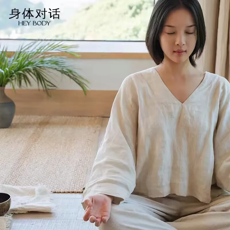 Corpo Dialogo Yoga Roupas Calças Casuais Linho Solto Confortável Chinês Zen Meditação Roupas Primavera Outono Conjunto Feminino Fas...