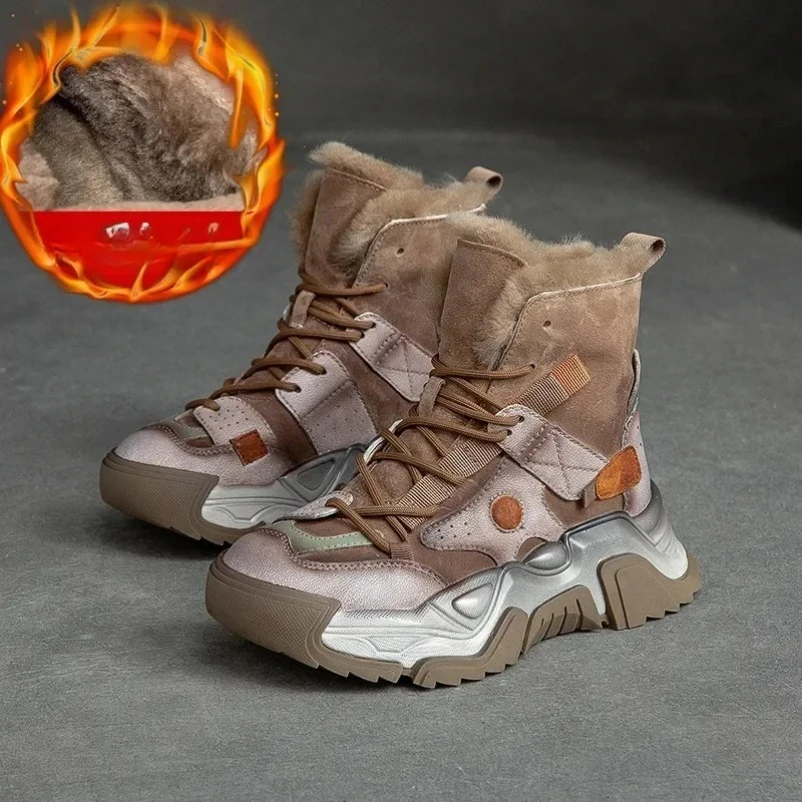 2025 النساء الأحذية 5 سنتيمتر حذاء من الجلد الجلود منصة حقيقية الخريف الشتاء منتصف العجل مختلط اللون العرقية حذاء بكعب سميك أحذية أنيقة