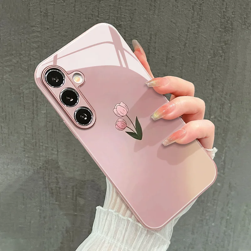 Pink tulips Pattern PhoneCase Glass PhoneCase for Samsung Galaxy S26 S25 S24 S23 S22 S21 FE,Ultra,Plus Dropresistant Men's style