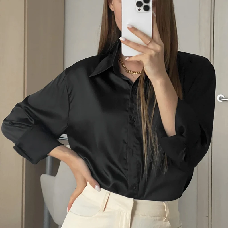 Vintage Spring Satin Shirt 2024 Women Simple Blouse Top Women Long Sleeve Dress Shirt Loose Blouse Woman Overshirt Clothing