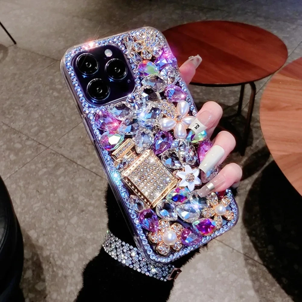 Rhinestone Perfume Bottle Cover for Samsung S23, S22, S24, S20, Note20, A42, A72, A73, A52, A82, Crystal, Flowers Case, Luxury