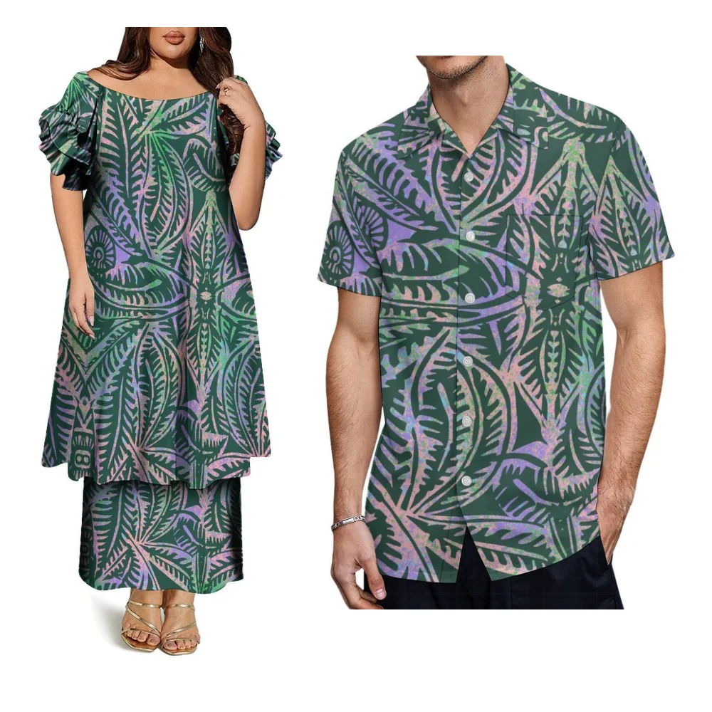 폴리네시아 사모아 그린 커플 세트 여성 푸레타시 드레스 탑과 롱 드레스 및 하와이안 남성 비치 패션 셔츠