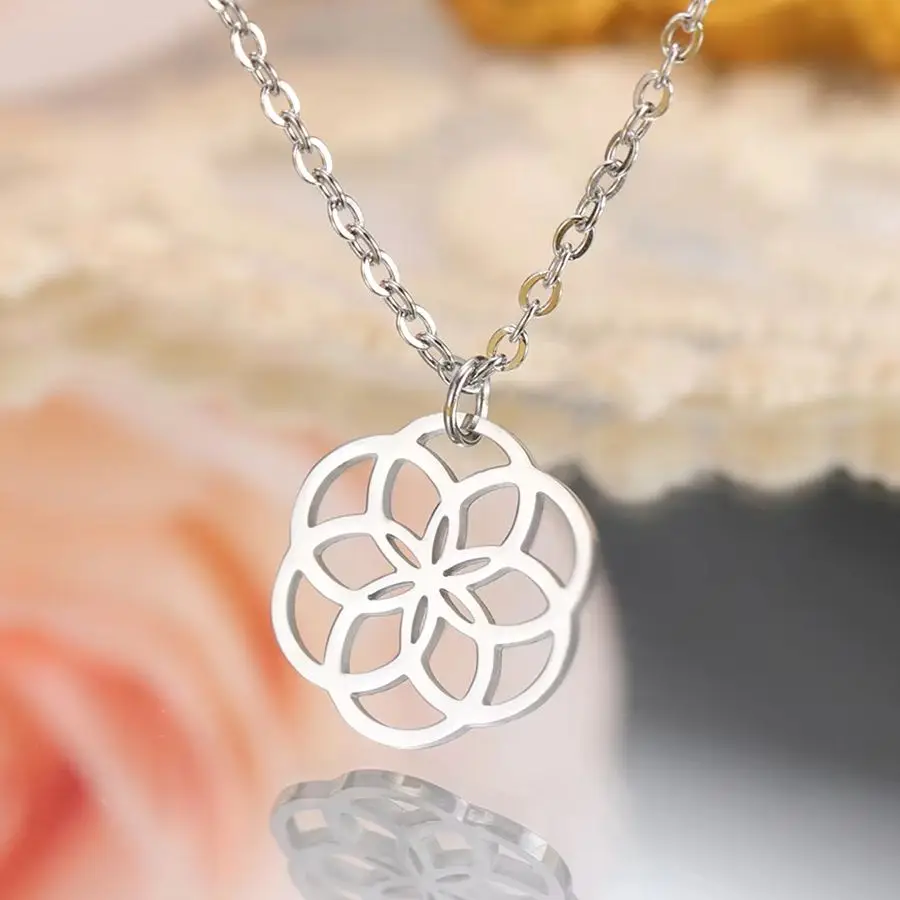 Dawapara Classic Seed of Life Necklace Sacred Geometry Flower of Life Wiccan Amulet Stainless Steel Couple Jewelry