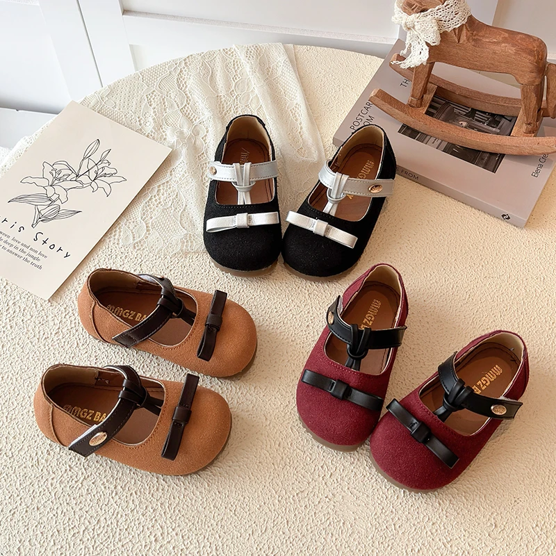 Girls' Korean Style Leather Shoes with Fashionable Bowknot Elegant Princess Design Lightweight Anti-Slip Children's Shoes 21-30