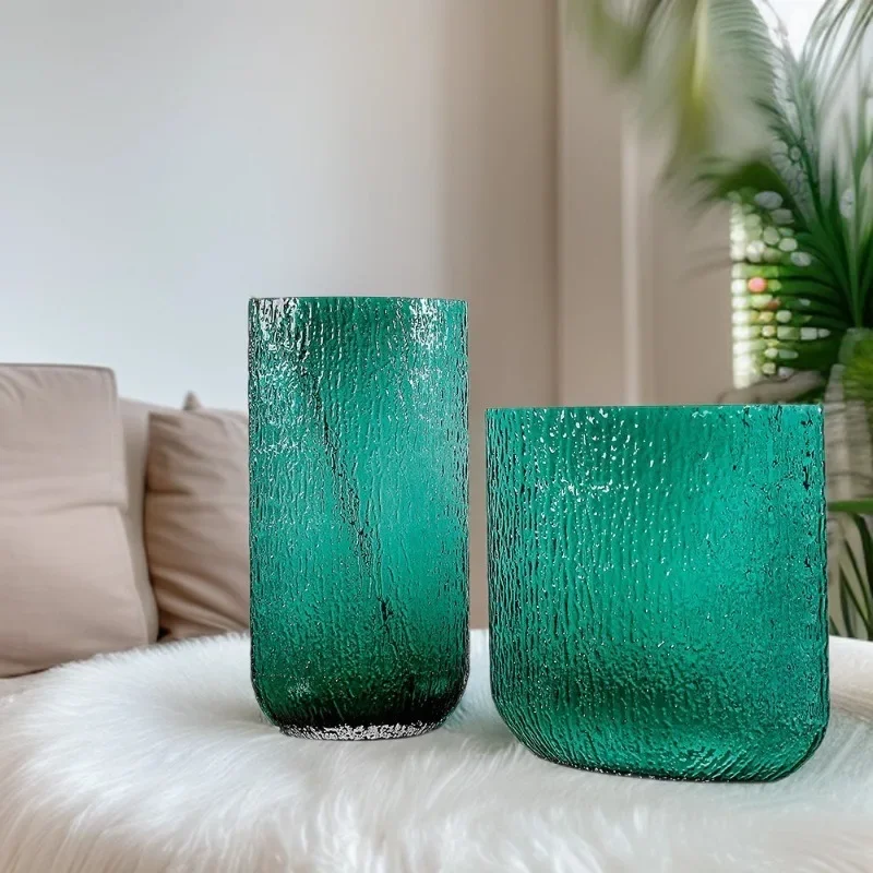 Vase en verre texturé concave-convexe plat haut de gamme de grand diamètre, ornement de dispositif de culture d'eau à motif d'écorce de salon