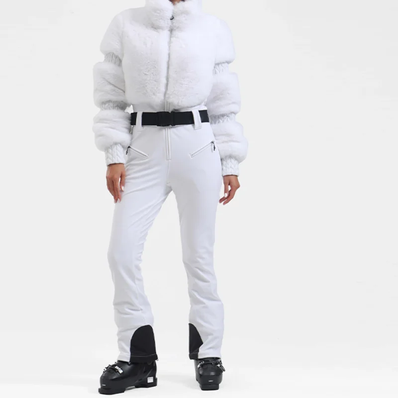 20205 New Snow Sportwears Suits For Women Faux Fur Spliced Jumpsuit Adjustable Warm Jacket Pan Outdoor Ski Sportswear Outfits