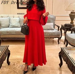 Vintage Two Pieces Red Prom Dresses O-Neck Long Sleeves Ankle Length Formal Occasion Dresses Evening Gowns