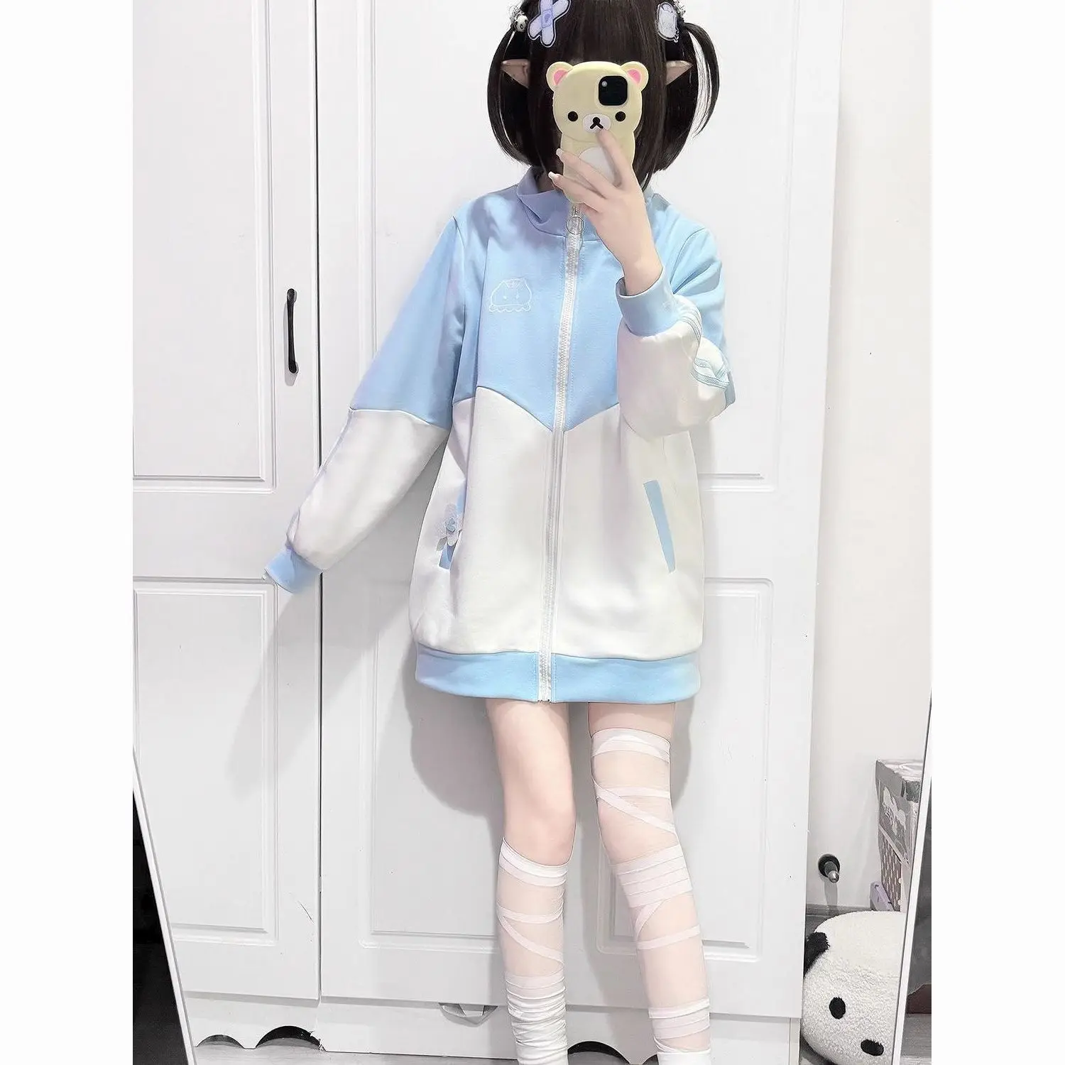 

Japanese Anime Zip Up Sweatshirts Women Autumn Winter Loose All Match Sweet Girl Fleece-lined Jacket Contrast Color Cardigan