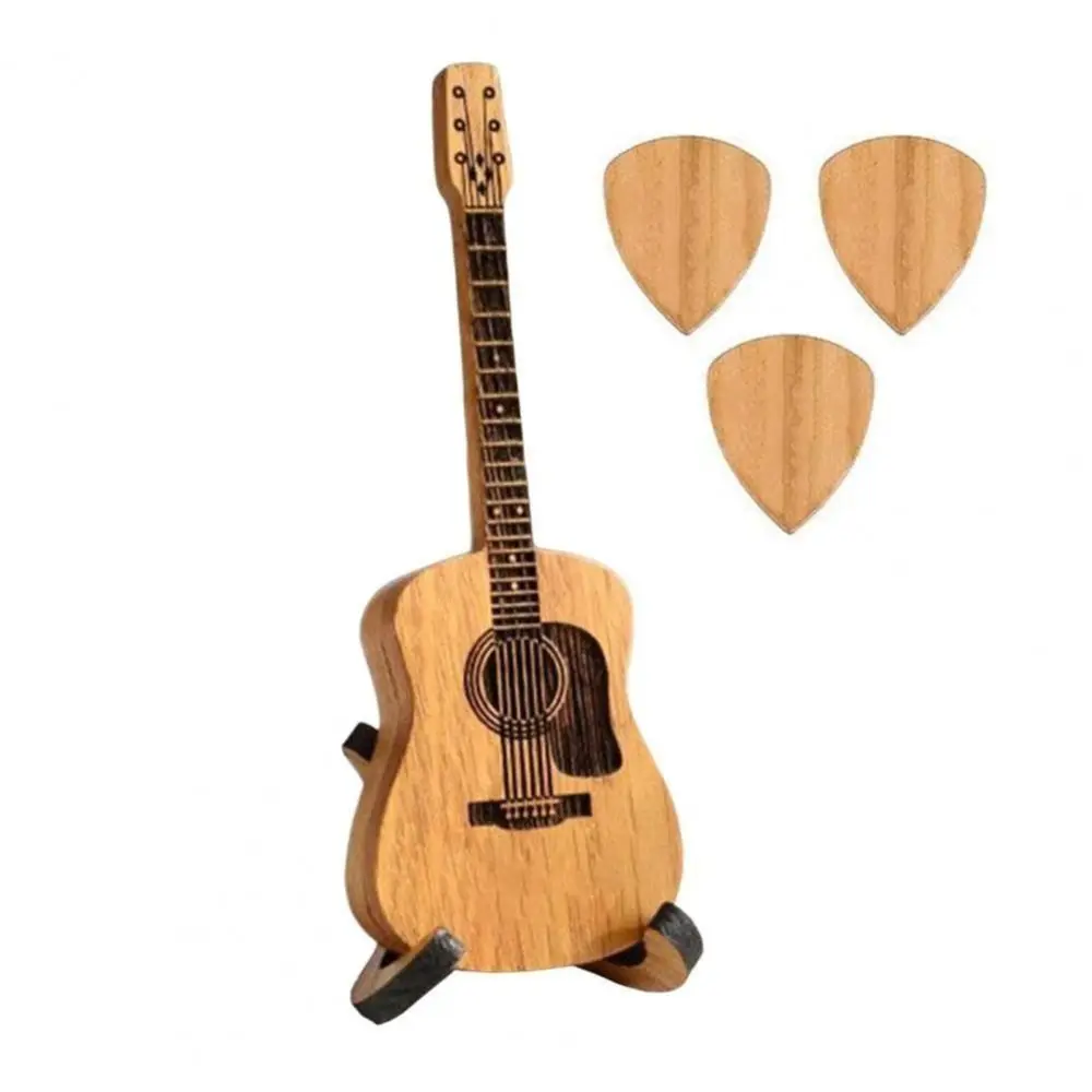 Simulation Guitar Wooden Guitar Ornaments Mini Magnetic Wooden Guitar Pick Case with Display Stand Handcrafted