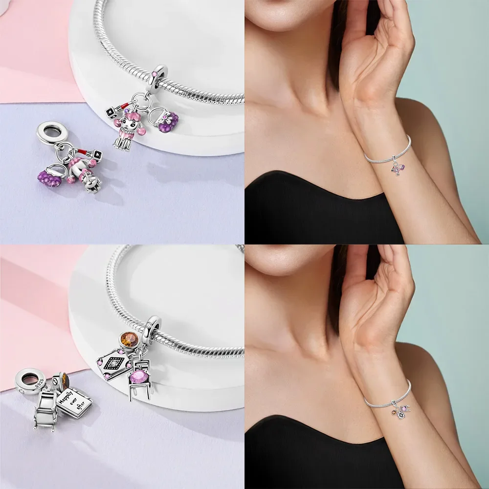 925 Sterling Silver Dangle Charm para mulheres, roxo, borboleta, flor, coração, miçangas, ajuste, pulseiras, pingentes, jóias finas, romântico, menina