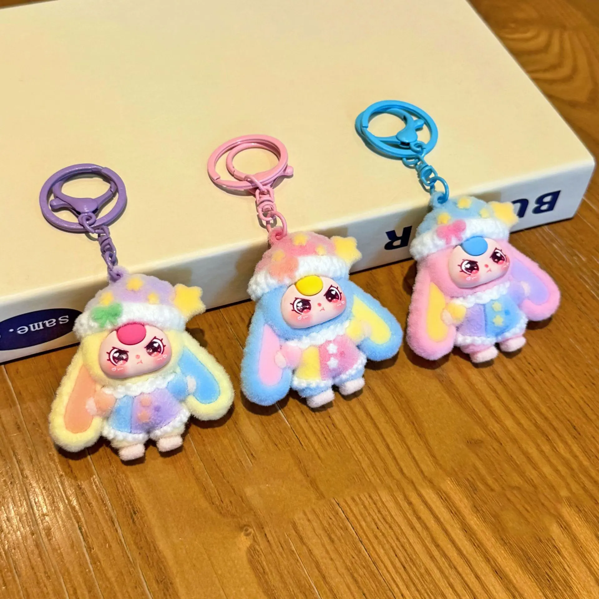 Cute Flocked Bunny Doll in Pajamas Keychain, Cartoon Figure Pendant, Bag Charm