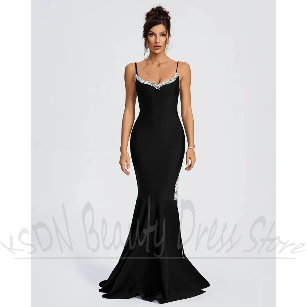 

Luxury Crystal Womens Dresses Black Spaghetti Straps Mermaid Gowns Slim Elegant Floor Length Side Slit Evening Party Dresses