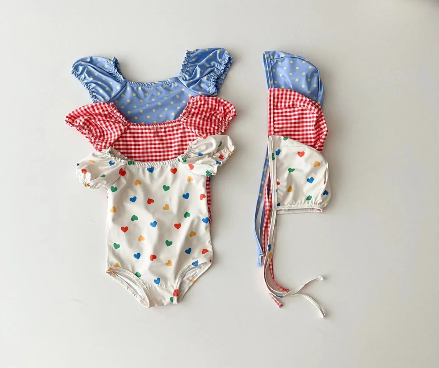 0-3Y Newborn Baby Cute Bikini Girl Sweet Fashion Swimwear Summer Swimming Suit Puff Sleeves Bodysuit Swimming Costume+ Caps