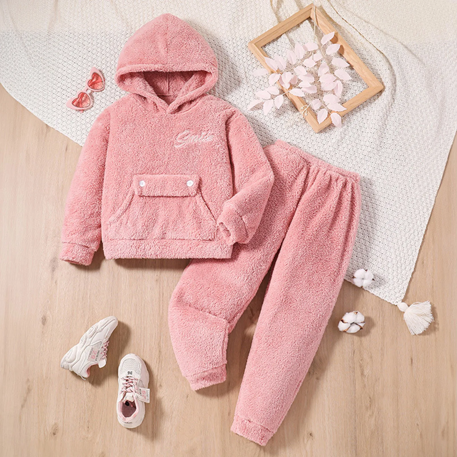 Autumn Winter Girls Fleece Clothes Sets 1-5Y Warm Long-Sleeved Hoodie + Loose Sweatpants Casual Fashion Clothing Suit For Kids