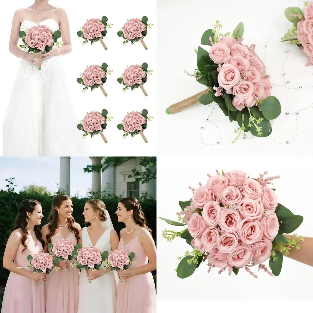 

6 Artificial Ivory Flower Bridesmaid Bouquets, 7 Inch Pink for Wedding, Party, or Anniversary Table Centerpieces