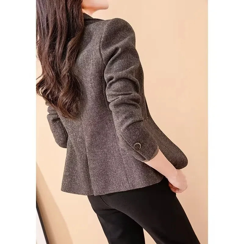 Dark Gray Thickened Suit Coat Women\'s Wool Coat 2022 Autumn Winter One Button Fashion Long Sleeve Woolen Suit Coat Female Blazer