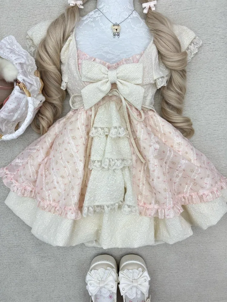 Japoński styl Y2k Cutecore Retro 2-częściowe zestawy damskie: bluzki z odkrytymi ramionami + plisowana mini sukienka, nowy różowy, szykowny strój Lolita na lato.