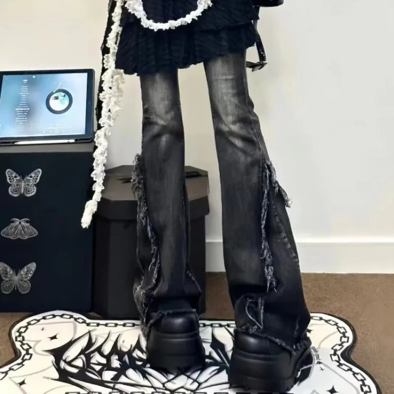Harajuku Women\'s Black Gothic Baggy Flare Jeans Y2k Aesthetic Denim Trousers Punk Jean Pants Vintage 2000s Trashy Clothes 2024