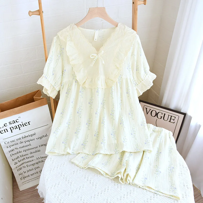 

Summer Sleepwear Clothes for Women Cotton Short Sleeved V-neck Tops and Shorts Floral Printed Loose and Thin Home Clothes