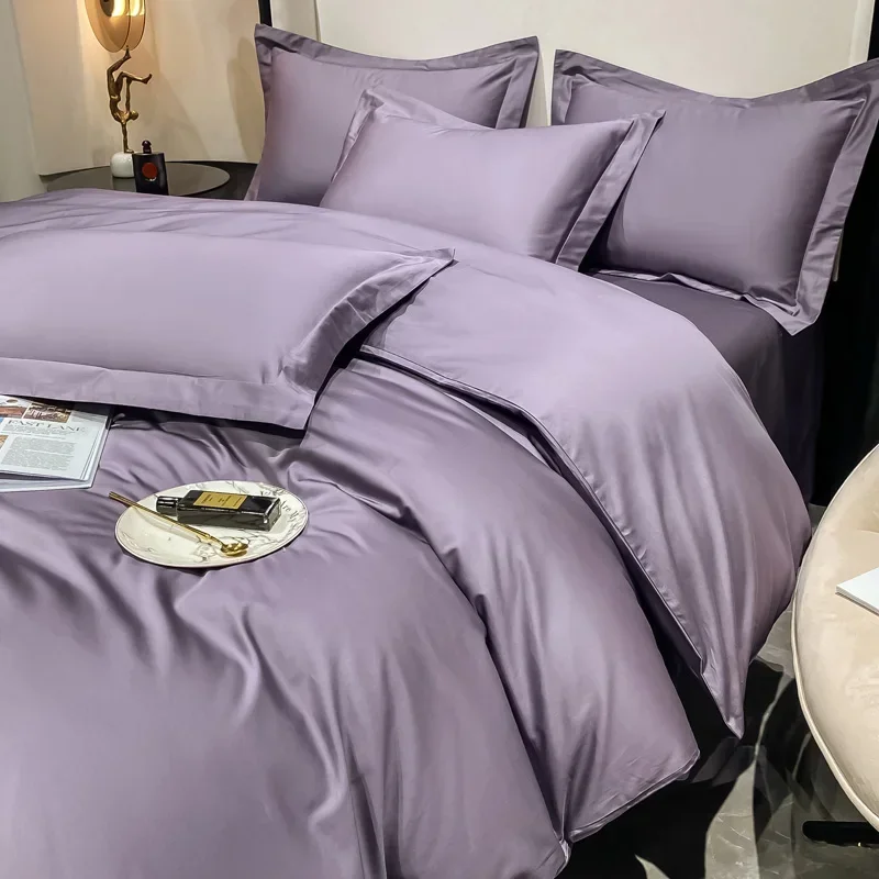 150/180/200CM Blue Orange Purple 100s Cotton Flat Fitted Bed Sheet Duvet Cover Pillowcase Spring Four-piece Bedding Set M074-4