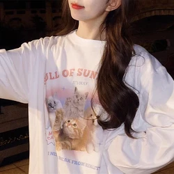 Cute Star Kitten Cat Printed Oversized Pullover Long Sleeve T Shirts for Girls Women Lovely Cartoon Y2K Top Korean Fashion Loose