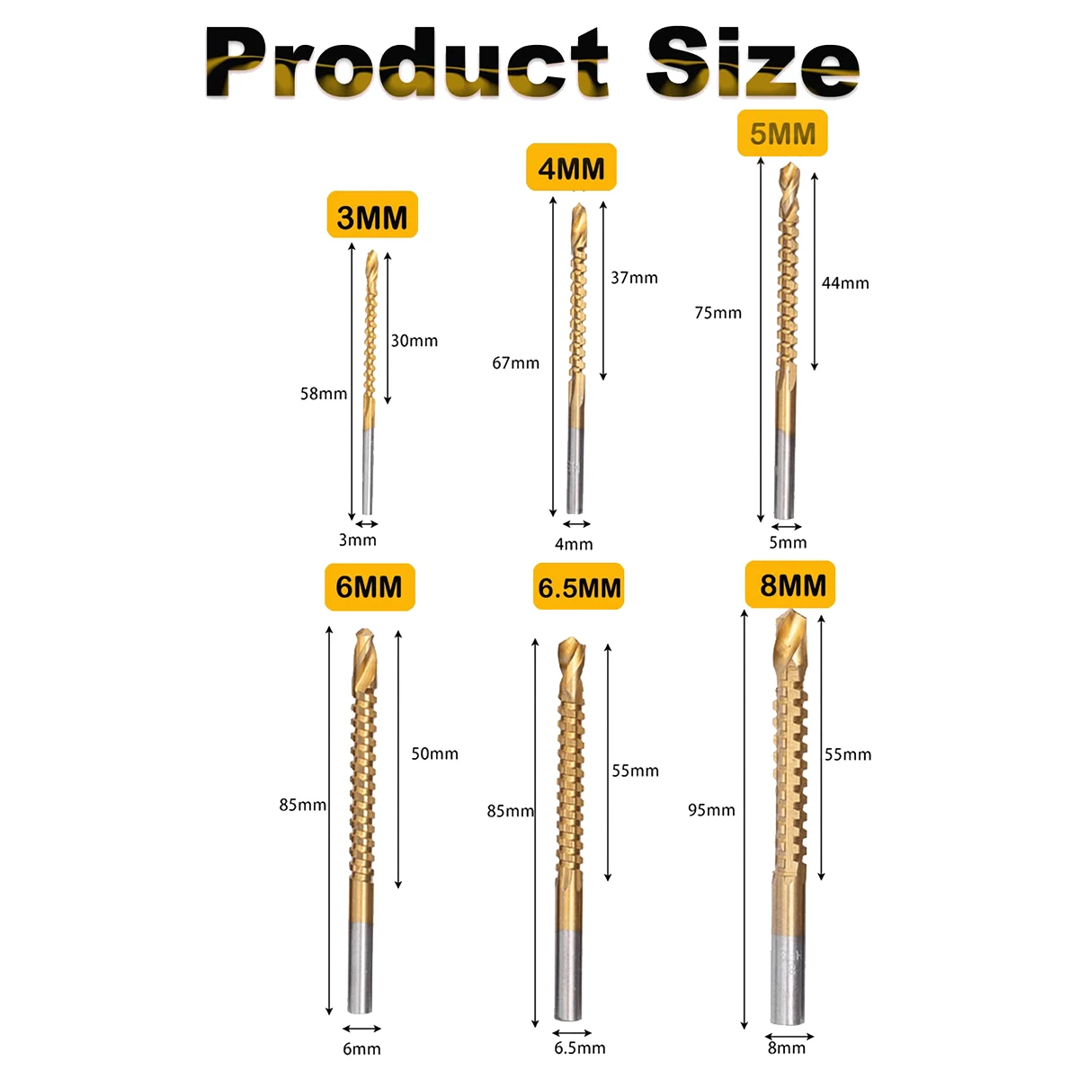 Hot Deal 6 Pack Titanium Coated HSS Twist Bits, 3-8mm Serrated Side Cut Bits Woodworking Tools for Plastic Metal Wood Holes