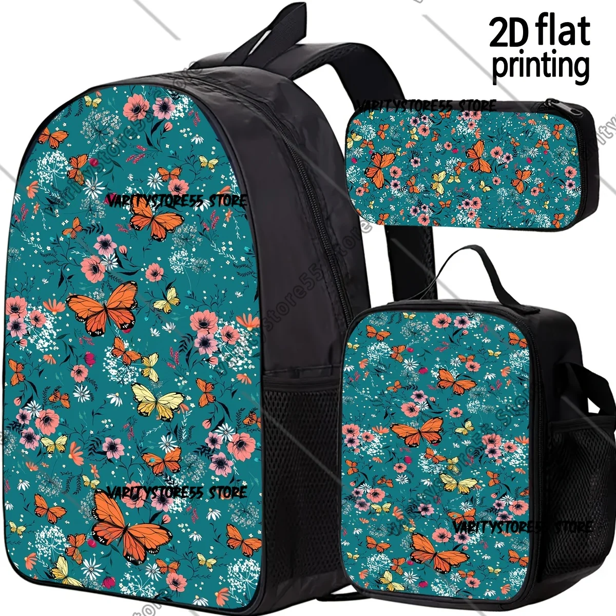 

Turquoise Butterfly Floral Backpack Student BookBag School Bag Laptop Shoulder Bags 3ps Insulated Lunch Bag Pencil Case