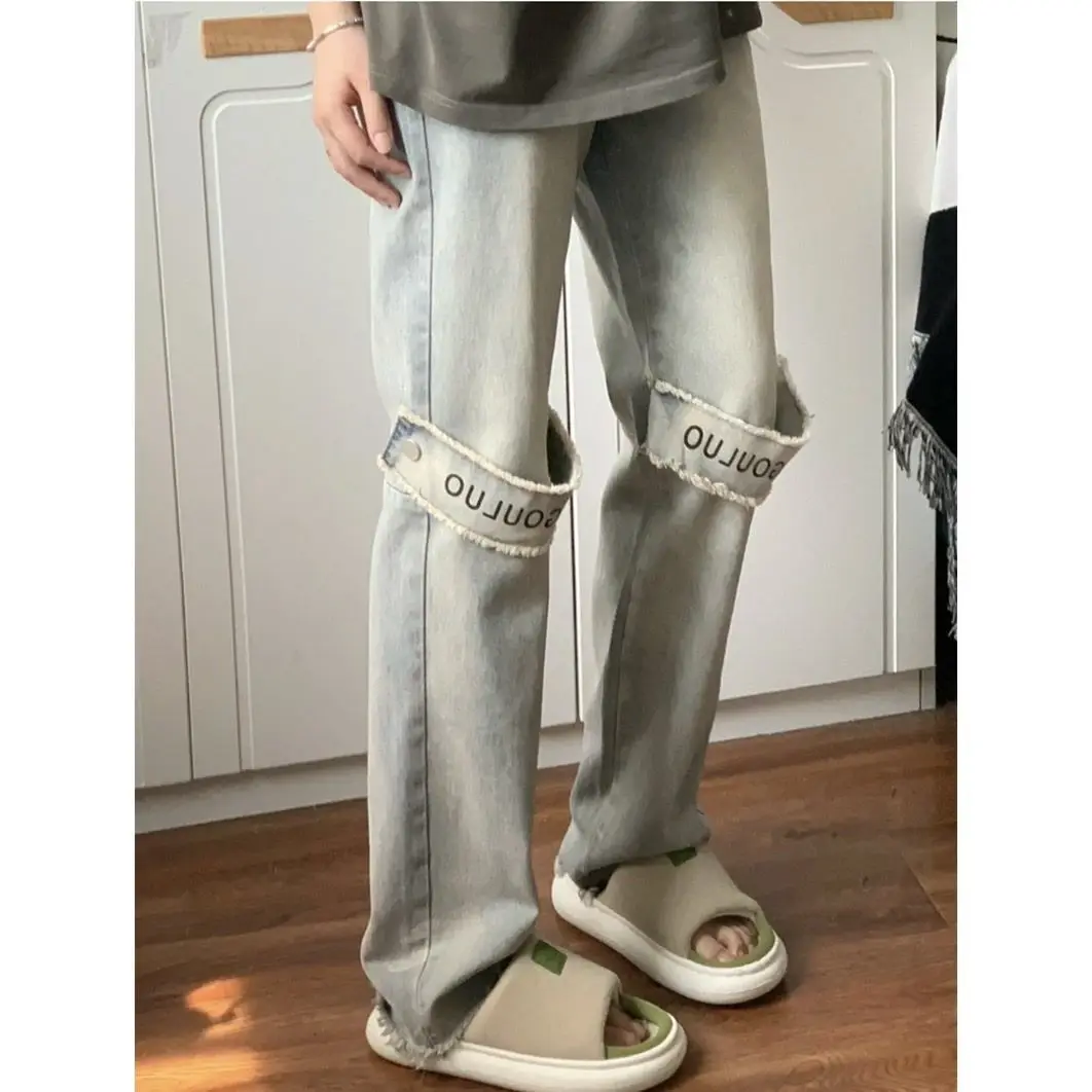 

New Blue Washed Jeans Woman High Street Vintage Frayed Straight Jeans Oversized Distressed Casual Hot Girl Street Baggy Jeans