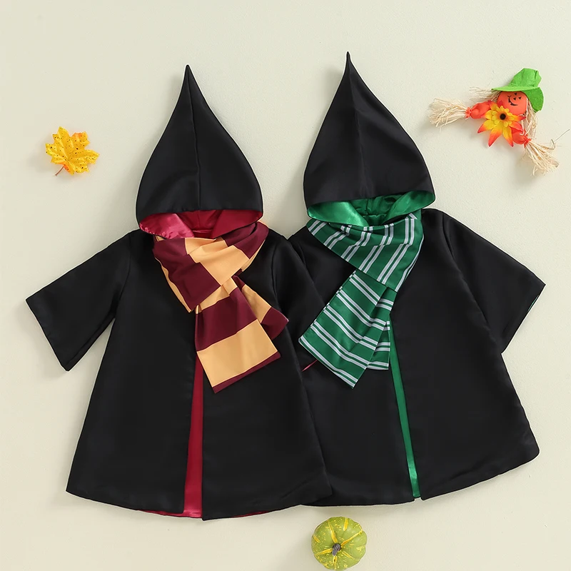 1-9Y Kids Halloween Witch Costume Long Sleeve Hooded Wizard Cloak with Scarf 2Pcs Sets Children Cosplay Clothes