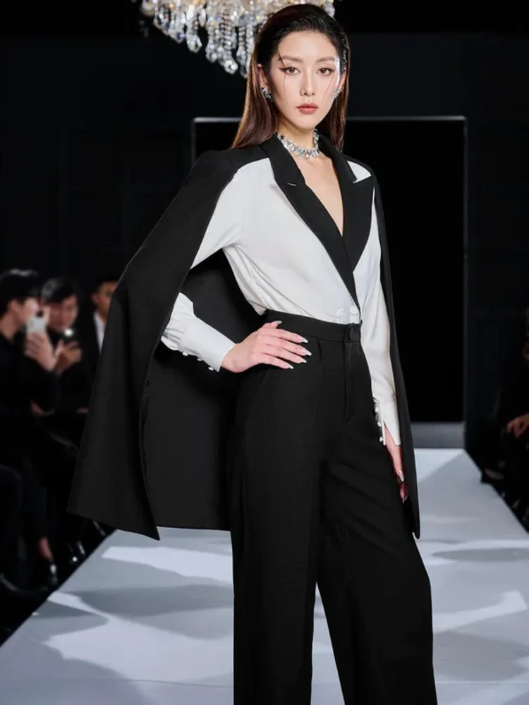 DEAT 2024 Autumn Elegant 2 Pcs Set Contrast Color Lapel Cloak Top High Waist Solid Straight Pants Women's Suits  New 35Z1047 image 4