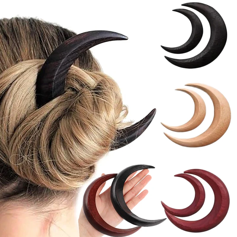 Solid Wood Moon Hair Sticks Hand Carved Wooden Crescent Hair Forks for Women Long Hairpin Comb Styling Fashion Hair Accessories