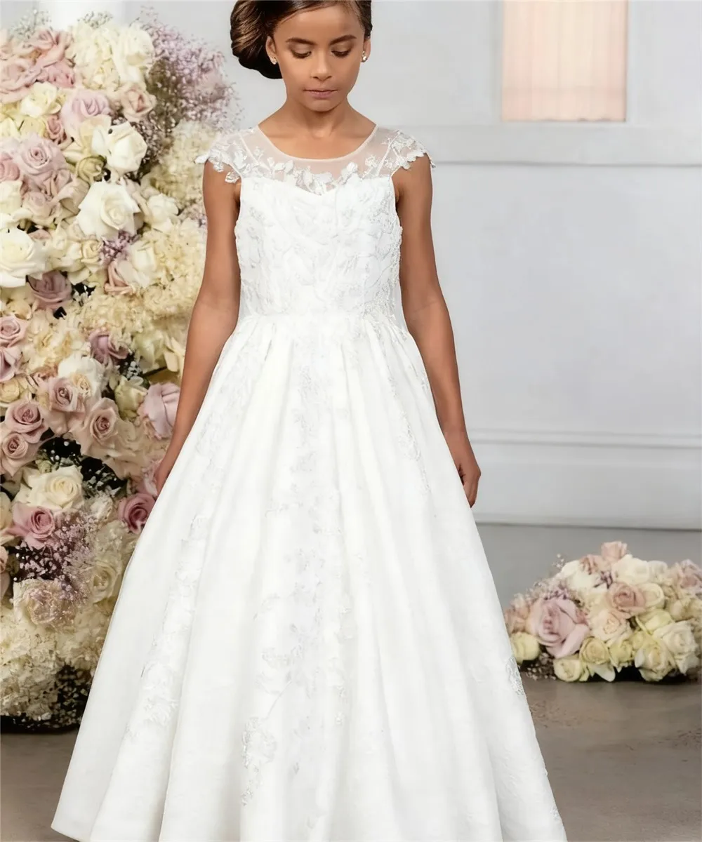

Customized Elegant Flower Girl Wedding Dress Appliques Lace Sleeveless Princess Birthday Party Dress Kids First Communion Gown