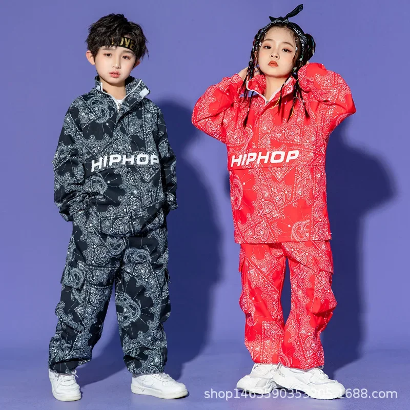 Boy Hip Hop Sweatshirt Joggers Clothes Sets Girls High Collar Paisley Top Cargo Pants Child Street Dance Kids Streetwear Costume