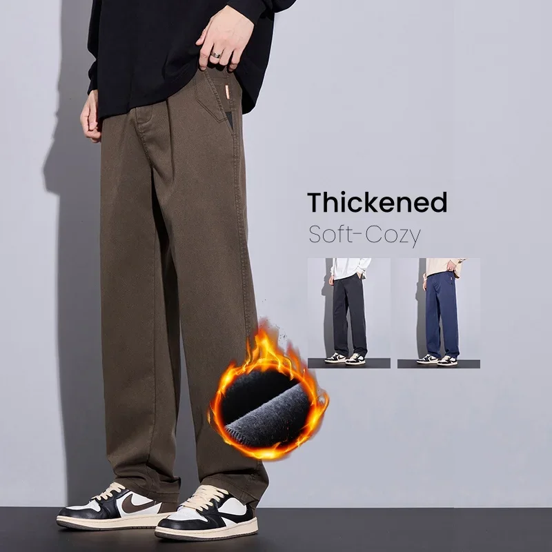 

Зимние флисовые мужские повседневные брюки с толстой эластичной резинкой на талии, теплые бархатные прямые брюки, однотонные мужские модные плюшевые брюки