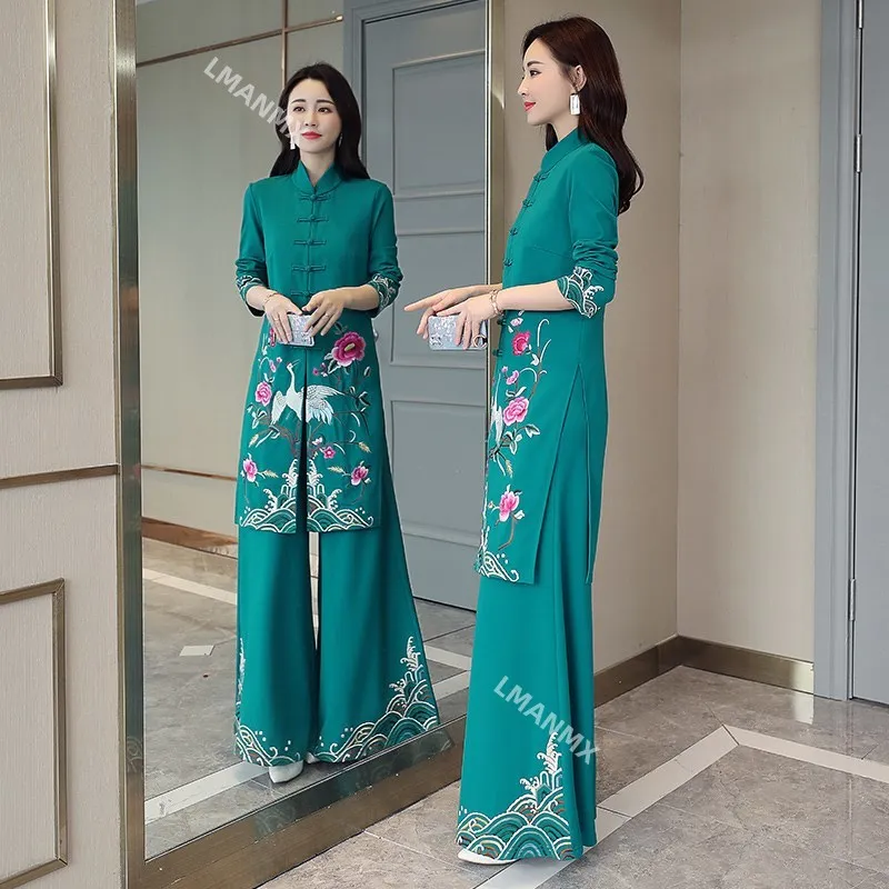 2 Piece Set for Women Party Chinease National Style Printed Tang Suit Wide Leg Pants Set Floral Cheongsam Trousers