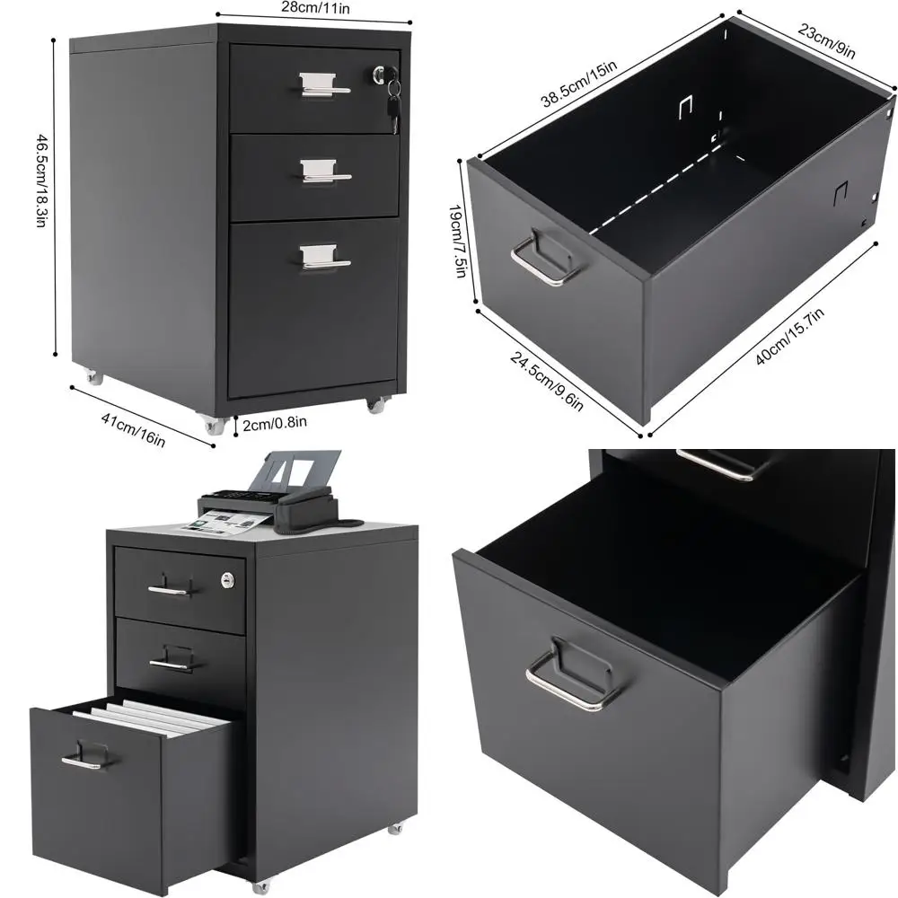 

Mobile 3-Drawer Metal File Cabinet with Lock, Vertical Desk Storage for Home Office - Holds Legal/Letter/A4 Files (Black)