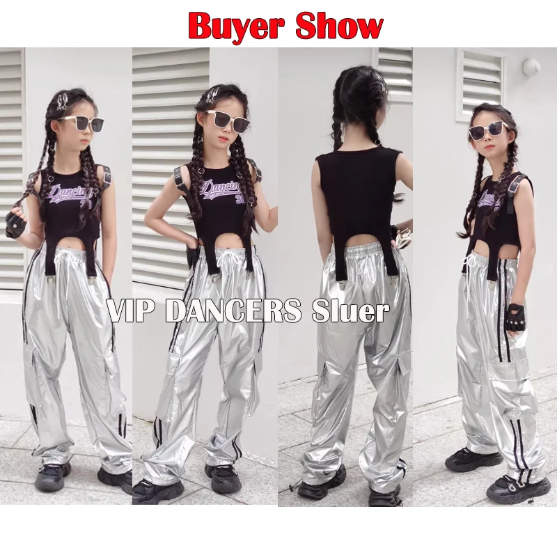 Children‘S Day Hip Hop Dance Costumes For Girls Black Vest Sliver Pants Streetwear Kids  Jazz Performance Stage Wear DQS16429