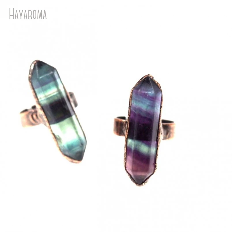 10Pcs Wholesale  Antique Bronze Color Rainbow Fluorite Vintage Style Double Terminated Point Hexagon Ring RM41003