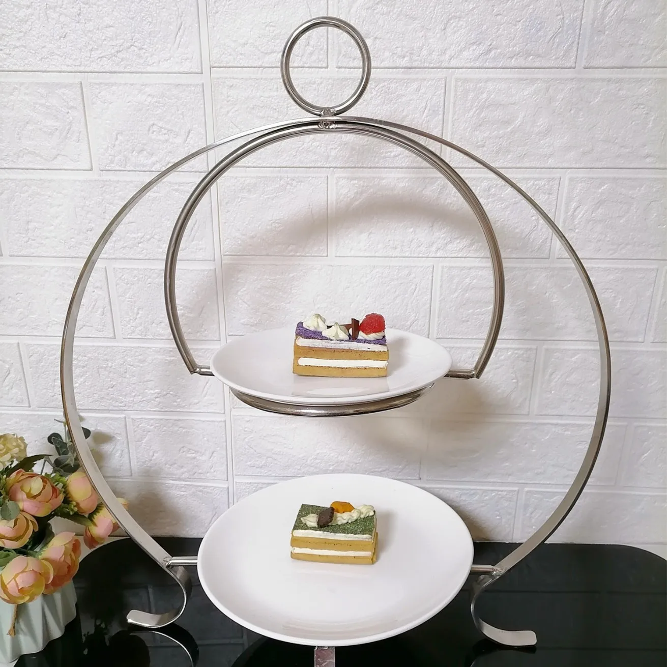 

DSA metal two-layer ceramic cake plate wedding hotel table cake snack display stand table fruit plate