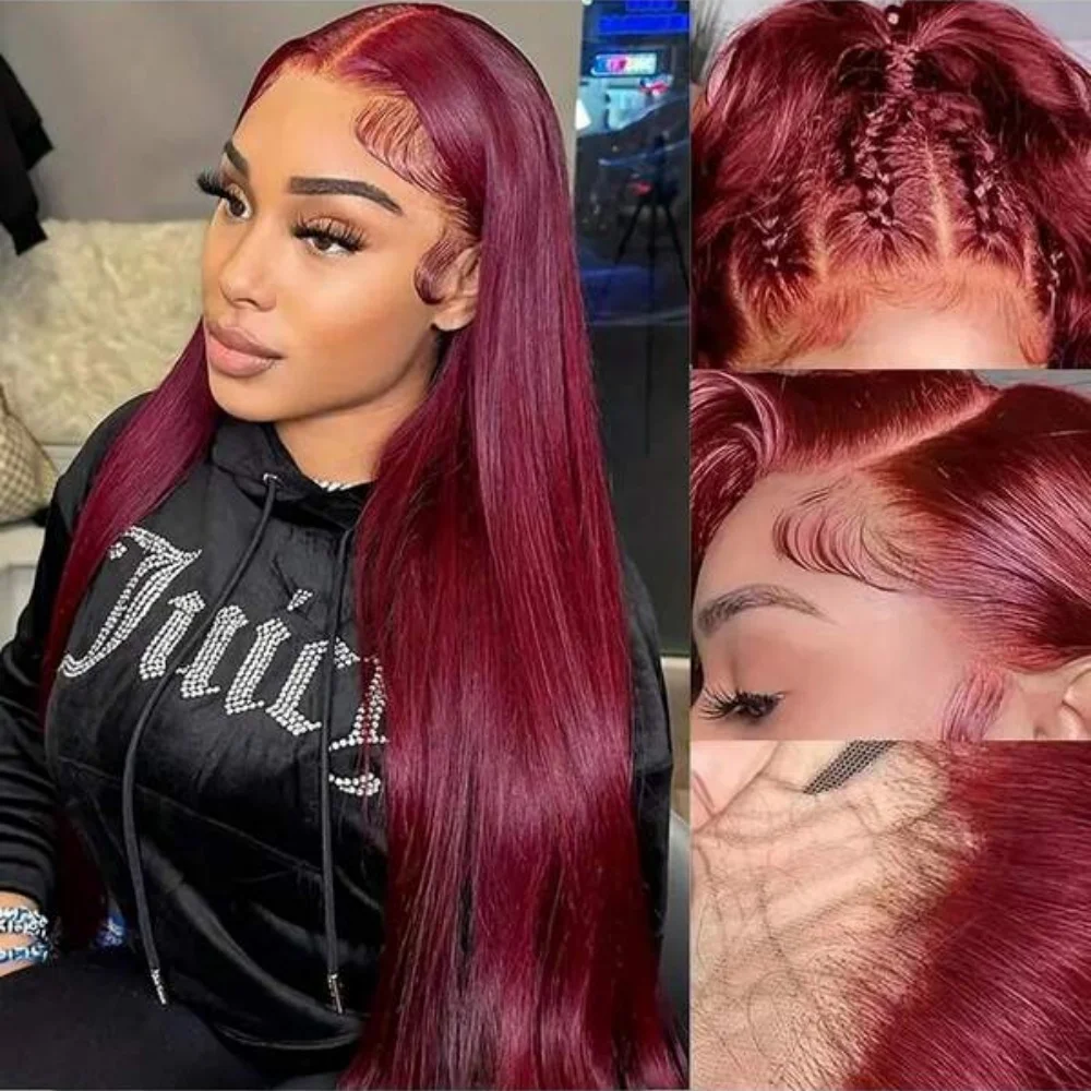 30 Polegada 99j borgonha vermelho 13x4 perucas dianteiras do laço reto cabelo humano 99j 13x4 perucas frontais do laço transparente para mulher 200% densidade